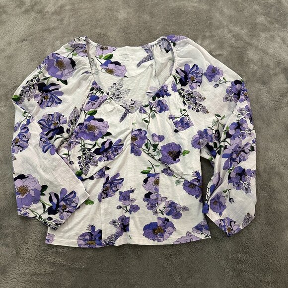 Anthropologie White Purple Floral Cotton Blouse MEDIUM - Picture 1 of 6